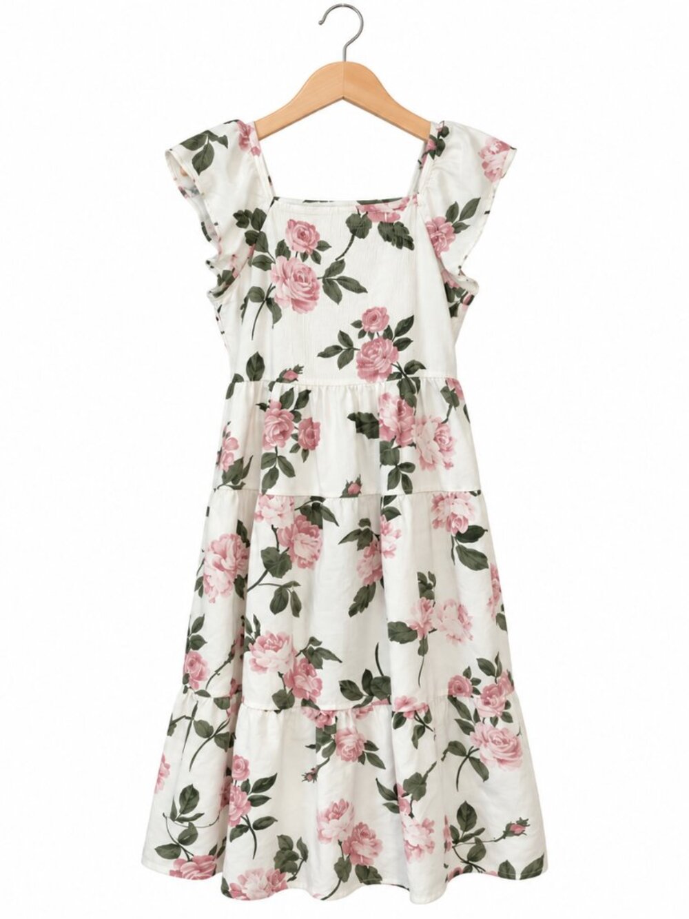 Old Navy Pink & White Floral Tiered Midi Dress with Open Back, M (8)